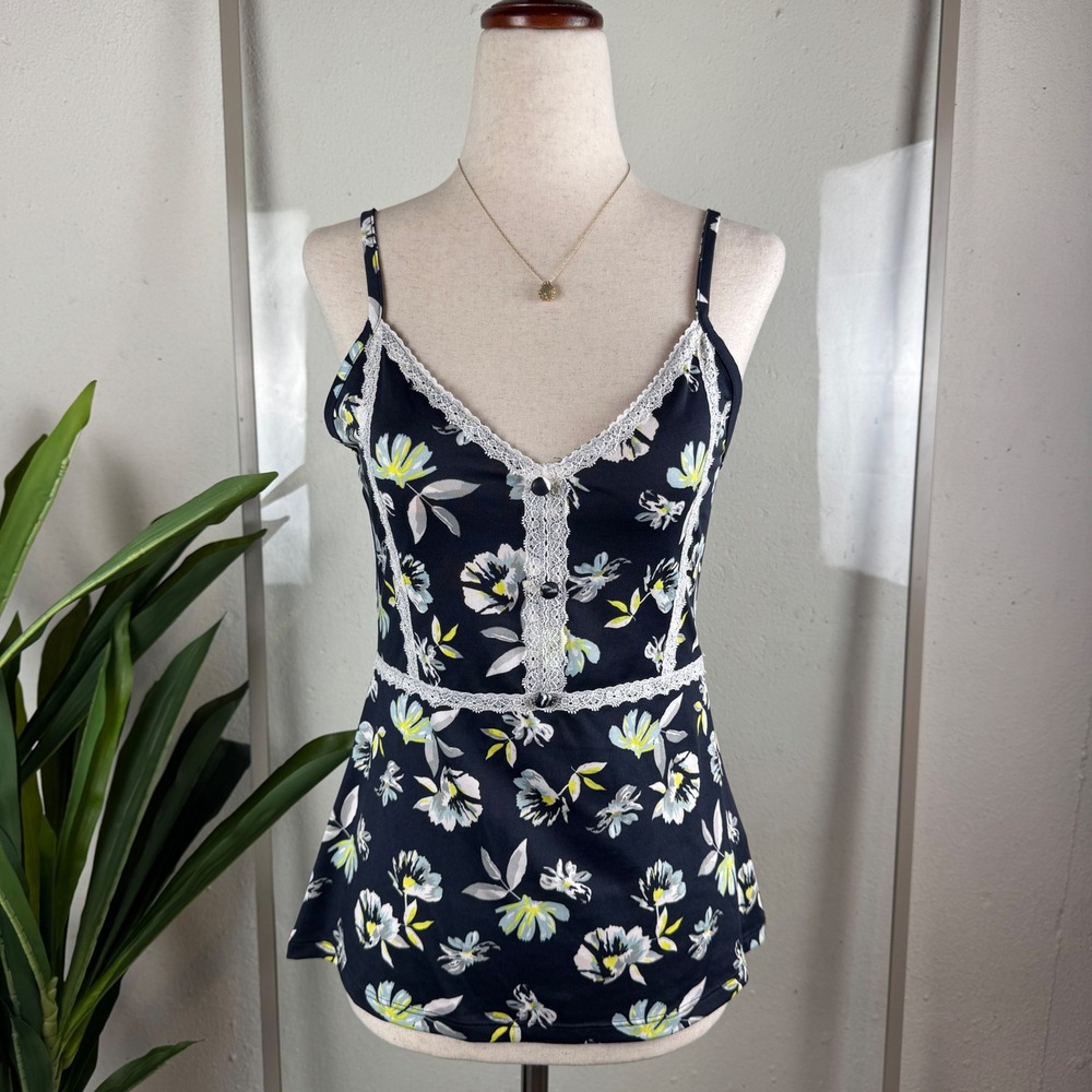 Coquette Babydoll Y2K Vintage Nanette Lepore Cami Top Navy Floral Lace Trim S